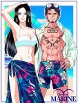  191_1006 1boy 1girl abs arm_up armpits beach bikini black_hair blue_eyes blue_male_swimwear blue_sarong boa_hancock border breasts chest_tattoo cleavage cloud collaboration collarbone commentary_request day drawstring earrings english_text eyewear_on_head facial_hair finger_tattoo floral_print gem goatee grin hand_on_own_head hand_on_own_hip hand_tattoo highres jewelry korean_commentary long_hair long_sideburns long_sleeves looking_at_viewer makeup male_swimwear medium_breasts midriff navel ocean one_piece open_clothes open_shirt outdoors outside_border palm_tree pearl_(gemstone) pectorals pink_lips polar_tang_(artist) print_sarong sand sarong shirt short_hair sideburns smile snake_earrings spaghetti_strap standing straight_hair summer sunglasses swim_trunks swimsuit tattoo teeth toned toned_male trafalgar_law tree very_long_hair water white_bikini white_border white_shirt yellow_eyes 