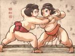  bandages breasts brown_eyes brown_hair highres ironlily japanese_clothes large_breasts loincloth multiple_girls muscular muscular_female serious sumo topknot wrestling wrestling_ring 