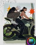  2boys absurdres alternate_skin_color art_program_in_frame black_gloves black_hair black_pants blue_eyes brown_eyes couple dark-skinned_male dark_skin driving earrings getou_suguru gloves gojou_satoru hair_bun highres jewelry jujutsu_kaisen long_hair motor_vehicle motorcycle multiple_boys on_motorcycle pants parted_lips pillion sharp_teeth shirt short_hair sleeveless sleeveless_shirt smile stud_earrings teeth to_0fu toned toned_male tongue tongue_out white_eyelashes white_footwear white_shirt yaoi 