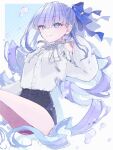  1girl alternate_costume bare_shoulders blue_eyes blue_ribbon breasts choker fate/grand_order fate_(series) hair_ribbon highres i10_ksw long_hair long_sleeves looking_at_viewer meltryllis_(fate) purple_hair ribbon sleeves_past_fingers sleeves_past_wrists small_breasts smile solo very_long_hair 