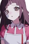  1girl :o apron bandaid bandaid_on_face collared_shirt danganronpa_(series) danganronpa_2:_goodbye_despair long_hair mole mole_under_eye nagi_(user_kxkw7854) pink_eyes pink_shirt red_hair shirt solo tsumiki_mikan upper_body white_apron white_shirt 