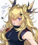  1girl arknights bare_shoulders black_shirt blonde_hair blue_eyes breasts dated double_bun dragon_horns eyebrows_visible_through_hair hair_ornament hair_over_one_eye hairclip happy_birthday highres horns leizi_(arknights) lips medium_breasts mmm_ma_pmpm open_mouth shirt simple_background solo spoken_squiggle squiggle sweatdrop thick_eyebrows upper_body v-shaped_eyebrows white_background 
