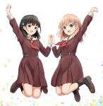  2girls :d absurdres animification ankle_socks arm_up belt black_belt black_hair black_socks brown_dress brown_eyes brown_footwear commentary crossed_bangs dress green_eyes hair_ornament hand_up hasu_no_sora_school_uniform highres hinoshita_kaho holding_hands interlocked_fingers jumping light_brown_hair link!_like!_love_live! loafers long_sleeves love_live! medium_dress medium_hair multiple_girls neckerchief nirei_nozomi open_mouth petals pleated_dress rabbit_hair_ornament real_life red_neckerchief sailor_collar sailor_dress school_uniform shoes sidelocks simple_background smile socks symmetry voice_actor voice_actor_connection white_background white_sailor_collar winter_uniform yutuki_ame 