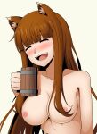  1girl :d ^_^ absurdres alternate_breast_size animal_ear_fluff animal_ears arm_at_side blunt_bangs blush breasts brown_hair cleavage closed_eyes collarbone commentary completely_nude cup drunk english_commentary eremiya_(loleremiya) facing_viewer fangs hair_over_breasts hand_up happy highres holding holding_cup holo large_breasts long_hair midriff nipples nose nose_blush nude open_mouth sidelocks simple_background smile solo spice_and_wolf straight_hair teeth upper_body very_long_hair white_background wolf_ears wolf_girl wooden_cup 