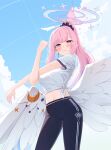  1girl alternate_costume black_pants blue_archive blue_sky blush closed_mouth cloud cloudy_sky commentary_request daran9 feathered_wings halo highres looking_at_viewer low_wings midriff mika_(blue_archive) pants pink_hair pink_halo shirt short_sleeves sky smile solo stretching tied_shirt white_shirt white_wings wing_ornament wings yellow_eyes 