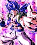  1boy absurdres alternate_hair_color aura cropped_vest dragon_ball dragon_ball_super dragon_ball_super_broly fighting_stance gogeta highres metamoran_vest muscular muscular_male no_shirt pants purple_eyes purple_hair purple_sash purple_vest red_background sash sekitsuki_hayato smirk solo vest white_pants 