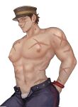  1boy abs alternate_pectoral_size bara black_hair cowboy_shot def00_0 golden_kamuy hat highres huge_eyebrows huge_pectorals kepi looking_at_viewer male_focus male_underwear military_hat muscular muscular_male navel nipples profile scar scar_on_cheek scar_on_chest scar_on_face scar_on_mouth scar_on_nose short_hair solo standing stomach sugimoto_saichi topless_male underwear white_male_underwear 
