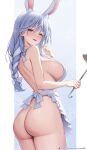  1girl animal_ears apron ass back bare_shoulders blue_hair blush braid braided_ponytail breasts from_behind hayate_(leaf98k) highres holding holding_ladle hololive ladle large_breasts long_hair looking_at_viewer looking_back naked_apron parted_lips pekomama rabbit_ears rabbit_girl red_eyes seductive_smile simple_background smile solo thick_eyebrows thighs virtual_youtuber white_apron white_background 