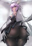  1girl absurdres animal_ears ass ass_support atalanta_(alter)_(fate) atalanta_(fate) basuta_ni_umu blush breasts cameltoe fate/grand_order fate_(series) from_behind gloves green_eyes highres huge_ass long_hair looking_at_viewer looking_back silver_hair skin_tight small_breasts smile solo steaming_body tail thigh_gap very_long_hair 