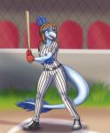 2024 5_fingers anthro baseball_bat baseball_field baseball_uniform bat_(object) blue_body blue_feathers blue_hair blue_highlights blue_scales brown_hair cavemanon_studios claws clothing dated detailed_background digital_drawing_(artwork) digital_media_(artwork) dinosaur dromaeosaurid elbow_feathers eyelashes feathered_dinosaur feathered_tail feathers female finger_claws fingers freckles gloves hair handwear hi_res highlights_(coloring) i_wani_hug_that_gator jenine_(iwhtg) long_hair long_tail open_mouth open_smile outside prometheuzone red_eyes reptile scales scalie signature smile snout solo sportswear tail tail_tuft theropod tuft uniform velociraptor