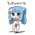  1girl 2018 bangs barefoot blue_eyes blue_hair blue_slime blush blush_stickers chibi collarbone convenient_censoring double_bun eyebrows_visible_through_hair full_body groin half_slime-chan hana_kazari long_hair looking_at_viewer monster_girl navel nude original parted_lips romaji_text slime_girl solo standing translated white_background 