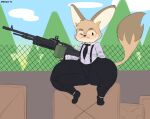 axoarts canid canine eyewear fox glasses gun hi_res looking_at_viewer male mammal necktie one_eye_closed pixile_studios ranged_weapon signature sitting sitting_on_box sitting_on_crate solo super_animal_royale suspenders weapon wink winking_at_viewer