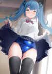  1girl ass_visible_through_thighs blue_hair blurry blurry_background breasts character_request copyright_request dorachan_r highres indoors lifted_by_self long_sleeves looking_at_viewer school_swimsuit school_uniform shirt small_breasts solo swimsuit swimsuit_under_clothes thighhighs twintails white_shirt window yellow_eyes 