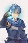  1boy alain_(unicorn_overlord) armor black_gloves blue_cape blue_hair breastplate brown_eyes cape closed_mouth gloves hashtag-only_commentary highres holding holding_jewelry holding_ring jewelry looking_at_viewer male_focus ouosoul parted_bangs ring short_hair simple_background solo unicorn_overlord wedding_ring white_background 