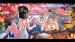  2girls alcohol barefoot beidou_(genshin_impact) black_hair blurry blurry_background blurry_foreground breasts chinese_commentary cleavage commentary_request crossed_legs cup depth_of_field elbow_rest facing_away flower genshin_impact hair_bun hair_ornament hair_stick head_tilt highres large_breasts letterboxed long_hair looking_at_viewer mixed-language_commentary multiple_girls naked_towel ningguang_(genshin_impact) onsen petals sakazuki silver_gloves sitting smile swordsouls towel water 