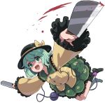  1girl badluck2033 blood blush crazy_smile dual_wielding frilled_shirt_collar frilled_sleeves frills full_body green_eyes green_hair hat holding holding_knife knife komeiji_koishi looking_at_viewer open_mouth outstretched_arms shirt short_hair simple_background smile solo spread_arms third_eye touhou white_background yellow_shirt 