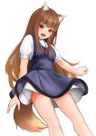  1girl :d animal_ear_fluff animal_ears arm_at_side blue_dress blunt_bangs blush brown_hair commentary dress eyebrows_hidden_by_hair fang feet_out_of_frame floating_clothes from_below hand_up happy holo jewelry kirishima_itsuki long_hair looking_at_viewer necklace open_mouth pinafore_dress pleated_skirt red_eyes shirt short_dress sidelocks simple_background skirt sleeveless sleeveless_dress smile solo spice_and_wolf standing straight_hair tail thighs very_long_hair white_background white_shirt wolf_ears wolf_girl wolf_tail 