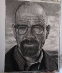  1boy bald beard breaking_bad charcoal_(medium) closed_mouth commentary english_commentary expressionless facial_hair glasses goatee graphite_(medium) greyscale highres looking_at_viewer male_focus monochrome old old_man photo-referenced photo_(medium) photorealistic portrait realistic simone_mulas solo traditional_media walter_white 
