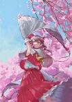  1girl absurdres arm_up armpits ascot blue_sky bow brown_hair cherry_blossoms commentary_request dedemaru detached_sleeves falling_petals feet_out_of_frame flower frilled_hair_tubes frills grin hair_bow hair_tubes hakurei_reimu highres long_hair looking_at_viewer outdoors petals petticoat pink_flower red_bow red_eyes red_skirt red_vest ribbon-trimmed_sleeves ribbon_trim skirt sky smile solo touhou vest white_sleeves white_undershirt wide_sleeves yellow_ascot 