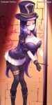  1girl absurdres boots breasts caitlyn_(league_of_legends) cleavage cuffs darklux gloves graffiti handcuffs hat highres large_breasts league_of_legends long_hair long_sleeves looking_at_viewer purple_eyes purple_hair restrained skirt solo thigh_strap thighhighs top_hat very_long_hair 