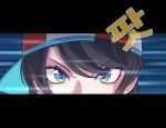  1girl baseball_cap black_hair blue_eyes close-up commentary_request hat hololive korean_commentary korean_text letterboxed mu94894747 multicolored_eyes oozora_subaru short_hair sideways_hat solo speed_lines translation_request v-shaped_eyebrows virtual_youtuber yellow_eyes 
