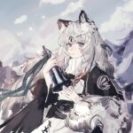  1girl absurdres animal_ears arknights bell black_cape braid cape diamond-shaped_pupils diamond_(shape) grey_eyes grey_hair guihuajun2049 highres holding holding_bell leopard_ears leopard_girl leopard_tail long_hair looking_at_viewer mountain outdoors pramanix_(arknights) side_braids sketch snow solo sweater symbol-shaped_pupils tail tiara turtleneck turtleneck_sweater upper_body white_sweater 