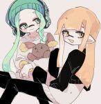  2girls beanie black_pants black_sweater blonde_hair brown_fur buneary closed_mouth commentary_request green_eyes green_hair green_hat hat headphones_over_headwear inkling inkling_girl inkling_player_character long_hair multiple_girls open_mouth pants peg_chop pointy_ears pokemon pokemon_(creature) rabbit simple_background smile splatoon_(series) splatoon_3 sweater tentacle_hair two-tone_sweater white_background white_sweater yellow_eyes 