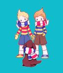  2boys animal blonde_hair blue_background blue_footwear blue_shorts boney brothers brown_dog brown_hair brown_shorts claus_(mother_3) clothed_animal full_body holding_hands long_sleeves lucas_(mother_3) male_focus memi_(gamemix) mittens mother_(game) mother_3 multiple_boys red_footwear scarf scarf_over_mouth shirt shoes short_hair shorts siblings sneakers socks solid_oval_eyes striped_clothes striped_shirt white_socks yellow_mittens 