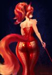  absurd_res anthro bdsm butt butt_focus canid canine clothing corset domestic_cat felid feline felis female female/female fox hair hi_res lash lingerie looking_at_viewer looking_back mammal nuxinara raised_tail red_eyes red_hair red_latex rubber rubber_clothing rubber_suit solo topwear whip 