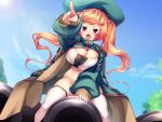  1girl backpack bag breasts cleavage game_cg gradient_hair hikage_eiji kuroinu_2 large_breasts large_hat long_hair long_sleeves mel_mel multicolored_hair no_panties no_pants open_mouth orange_hair red_eyes red_hair solo thighhighs twintails two-tone_hair white_legwear 