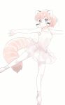  1girl absurdres alternate_hairstyle animal_ears armpits ballerina ballet ballet_slippers bare_arms brown_eyes dancer dancing highres kemono_friends kuromitsu_(9633_kmfr) outstretched_arms red_panda_(kemono_friends) smile standing standing_on_one_leg sweat tail tutu 