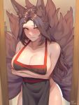  1girl animal_ear_fluff animal_ears apron arm_under_breasts averting_eyes black_apron blush breast_lift breasts brown_hair brown_tail closed_mouth collarbone commission crossed_arms doorway fox_ears fox_girl fox_tail frenchvanillu highres indie_virtual_youtuber indoors kitsune kyuubi large_breasts long_hair looking_to_the_side multiple_tails naked_apron nervous nose_blush orange_eyes parted_bangs red_sash saeko_kitsune sash sideboob tail very_long_hair virtual_youtuber 