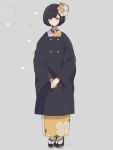  1girl black_hair clothing_request coat expressionless flower full_body grey_background hair_flower hair_ornament highres japanese_clothes jitome kanzashi kimono maco22 original short_hair solo tabi wide_sleeves yellow_eyes 
