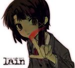  1girl black_jacket brown_eyes brown_hair copyright_name english_text expressionless iwakura_lain jacket looking_at_viewer pointing pointing_at_viewer school_uniform serial_experiments_lain shirt simple_background solo uee_m white_background white_shirt 