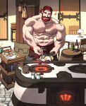  1boy abs bara beard commission cooking earrings facial_hair final_fantasy final_fantasy_xiv franz_(mostlybrowsing) full_beard hairy highres jewelry kitchen large_pectorals male_focus mature_male muscular muscular_male navel nipples pectorals sanpaku short_hair solo sparse_chest_hair standing strongman_waist thick_beard thick_eyebrows thick_mustache topless_male unspoken_(firebreath110) 