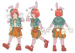  :d animal_ears blue_eyes blush brown_footwear creatrail fish furry green_hat green_jacket hands_up jacket mascot multiple_views original pouch rabbit rabbit_ears rabbit_tail red_hair reference_sheet shorts simple_background smile standing tail tilted_headwear white_background 