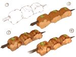  chicken_(food) danryoku_(ucrh3525) food food_focus how_to making-of no_humans original realistic simple_background skewer still_life white_background yakitori 