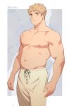  1boy bara blonde_hair brown_eyes brown_pants closed_mouth dungeon_meshi highres laios_touden large_pectorals looking_at_viewer male_focus muscular muscular_male navel nifast_(greentail) nipples pants pectorals short_hair simple_background solo topless_male twitter_username 