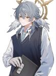  1boy a20190422 black_sweater_vest blue_necktie blush closed_mouth collared_shirt commentary_request crossed_bangs dress_shirt earrings feathered_wings folder gloves gold_earrings grey_hair hair_between_eyes halo halo_behind_head hand_up head_wings highres holding holding_folder honkai:_star_rail honkai_(series) jewelry long_sleeves looking_at_viewer male_focus medium_hair necktie notice_lines ring shirt sidelocks simple_background smile solo sunday_(honkai:_star_rail) sweater_vest white_background white_gloves white_shirt white_wings wing_collar wings yellow_eyes 