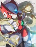  1boy armor blonde_hair blue_eyes chest_jewel cowboy_shot energy_sword forehead_jewel highres holding holding_sword holding_weapon long_hair mega_man_(series) mega_man_x_(series) red_armor red_helmet solo sword tucking_hair twitter_username very_long_hair watermark weapon yamanashi_taiki z_saber zero_(mega_man) 