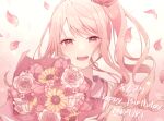 1other akiyama_mizuki blush bouquet dated flower happy_birthday hinata_mizuiro holding holding_bouquet long_hair looking_at_viewer open_mouth petals pink_eyes pink_hair project_sekai side_ponytail smile solo tearing_up upper_body 