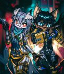 2022 absurd_res ahoge anthro armor blaedic blue_eyes blue_kerchief blue_neckerchief blurred_background canid canine canis cheek_tuft claws clothed clothing cute_fangs detailed_background digital_camo domestic_dog duo eyewear facial_tuft female female_anthro front_view fully_clothed glasses gun hair handgun hi_res holding_gun holding_handgun holding_object holding_ranged_weapon holding_revolver holding_weapon holster hybrid kerchief lens_flare long_hair looking_at_gun looking_at_viewer machine mammal markus_(freyrmts) neckerchief open_mouth open_smile outside pink_claws portrait power_armor procyonid purple_hair raccoon ranged_weapon red_eyes revolver small_waist smile snaggle_tooth spitz star_clip three-quarter_portrait tobi_(octoberrk) tuft walking weapon whale