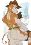  1boy 1kogito1 absurdres ass bara brown_fur come_hither cow cow_boy cowboy_hat cowboy_western empty_eyes feet_out_of_frame flaccid from_behind furry furry_male gloves hat highres leather legs_apart looking_at_viewer male_focus muscular muscular_male nose_piercing nose_ring nude original penis piercing short_hair solo standing testicles thick_eyebrows thighs two-tone_fur unfinished veins veiny_penis white_fur 