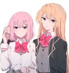  2girls amaori_renako black_jacket blonde_hair blush bow bowtie cardigan collared_shirt grey_cardigan hair_ornament hairclip hand_in_another&#039;s_hair hand_on_another&#039;s_head highres holding_hands jacket kaeshi_(yuukaeshi) long_hair looking_at_viewer medium_hair multiple_girls ouzuka_mai parted_lips pink_bow pink_bowtie pink_eyes pink_hair purple_eyes school_uniform shirt simple_background smile sweatdrop upper_body watashi_ga_koibito_ni_nareru_wake_naijan_murimuri white_background white_shirt yuri 