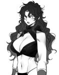  1girl battle_tendency breasts circlet cleavage_cutout clothing_cutout constricted_pupils crop_top fang genderswap genderswap_(mtf) gloves gradient_hair greyscale jojo_no_kimyou_na_bouken kars_(jojo) large_breasts loincloth long_hair looking_at_viewer monochrome multicolored_hair open_mouth sempon_(doppio_note) slit_pupils solo very_long_hair 