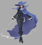  1girl ashi_(dongshi389) black_footwear black_gloves black_jacket black_pantyhose blue_cape blue_hat blue_necktie boots brown_eyes brown_hair cape cavalier_hat closed_mouth collared_shirt frilled_sleeves frills full_body gloves highres holding holding_sword holding_weapon jacket limbus_company looking_at_viewer necktie outis_(project_moon) pantyhose project_moon rapier shirt smile solo sword weapon white_shirt 