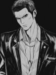  1boy adam&#039;s_apple cheekbones collared_shirt frown genandnak greyscale head_tilt kiryu_kazuma long_sideburns looking_at_viewer male_focus monochrome pectoral_cleavage pectorals ryuu_ga_gotoku_(series) ryuu_ga_gotoku_0 shirt short_hair sideburns solo suit thick_eyebrows tsurime upper_body 