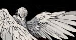  1girl absurdres black_background body_fur chimera dungeon_meshi falin_touden falin_touden_(chimera) feathered_wings feathers highres monster_girl self_hug short_hair simple_background skipdidoo solo tagme wings 