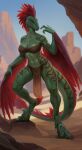 3_toes absurd_res anthro athletic athletic_female bottomwear breasts claws cleavage clothed clothing desert dinosaur dromaeosaurid feathered_arms feathered_dinosaur feathers feet female green_body green_scales head_feathers hi_res loincloth navel outside partially_clothed red_body red_feathers reptile scales scalie silgiriya_mantsugosi skimpy smile solo stripes tail tail_feathers tail_tuft talons theropod toe_claws toes tuft utahraptor uthalla yellow_eyes