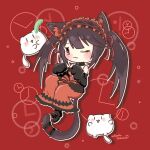  1girl analog_clock animal_ear_fluff animal_ears animal_hands artist_name bare_shoulders black_hair blush breasts cat cat_ears cat_paws cat_tail cat_teaser chibi cleavage clock collar date_a_live dress gothic_lolita hairband highres lolita_fashion lolita_hairband long_hair medium_breasts one_eye_closed pannko_nekoman red_background red_eyes ribbon shoes smile solo solo_focus tail thighhighs tokisaki_kurumi twintails uneven_twintails 